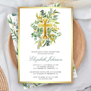 Invitación Bautizo de eucalipto rústico con vegetación dorada