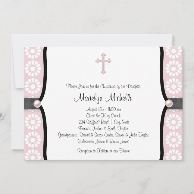 Invitación Bautizo de flor rosa Pearl Cross (Anverso)