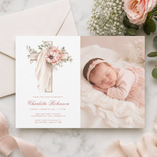 Invitación Bautizo de foto de cruz floral rosa rubor