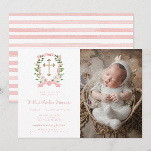 Invitación Bautizo de foto floral sonrosado (Anverso / Reverso)