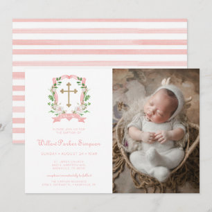 Invitación Bautizo de foto floral sonrosado