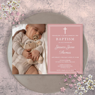 Invitación Bautizo de Foto Rosa Polvo Elegante Moderno
