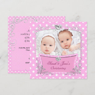 Invitación Bautizo de gemelas bebé niña rosa