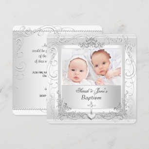 Invitación Bautizo de gemelas niña niño blanco 2a