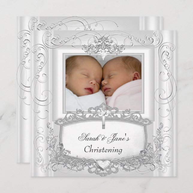 Invitación Bautizo de gemelas o niño blanco (Anverso / Reverso)