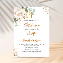 Invitación Bautizo de gemelos eucalipto verde floral blanco