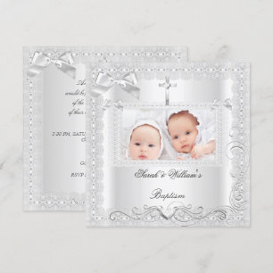 Invitación Bautizo de gemelos niña y niño de encaje blanco