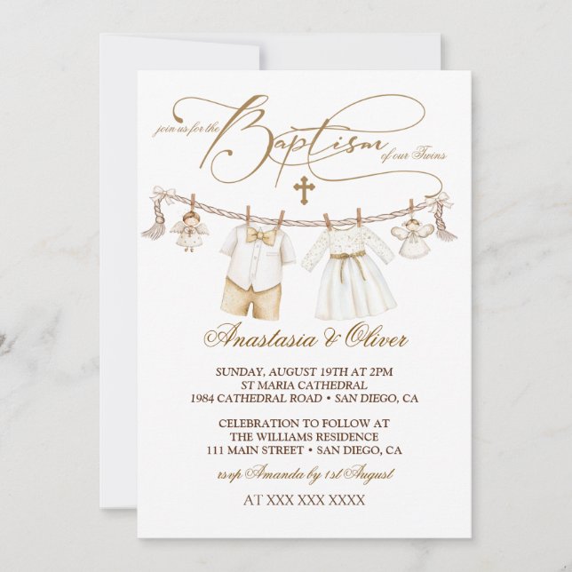 Invitación Bautizo de gemelos niño y niña boho (Anverso)