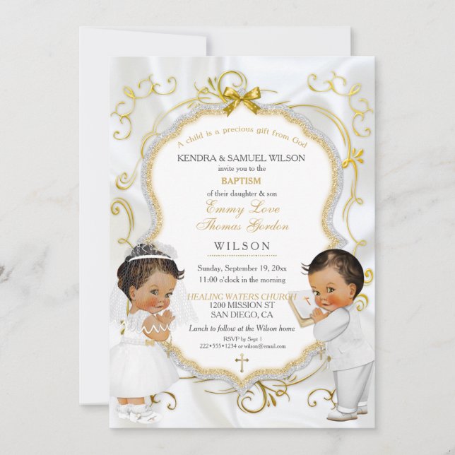 Invitación Bautizo de gemelos niño y niña, comunión (Anverso)