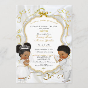 Invitación Bautizo de gemelos niño y niña, Comunión Étnica