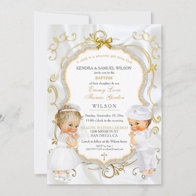 Invitación Bautizo de gemelos niño y niña oro (Anverso)