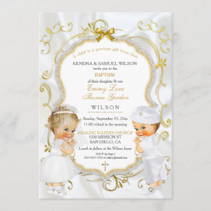 Invitación Bautizo de gemelos niño y niña oro