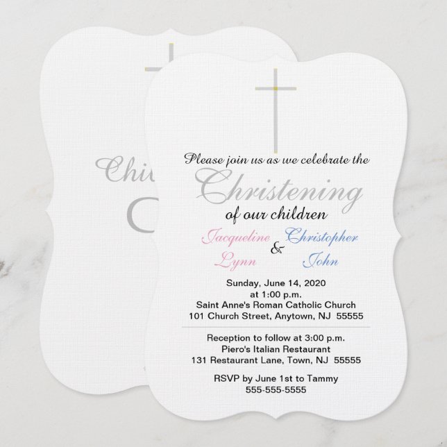 Invitación Bautizo de Gemelos Rosa y Azul (Anverso / Reverso)