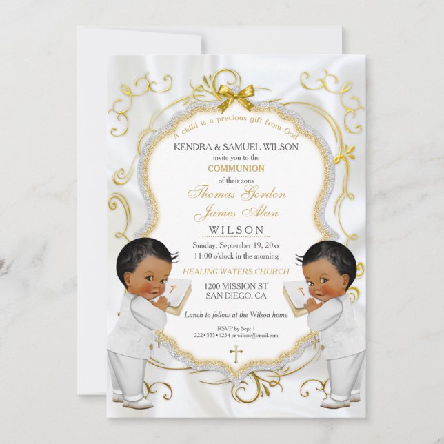 Invitación Bautizo de gemelos varones, comunión, étnico (Anverso)
