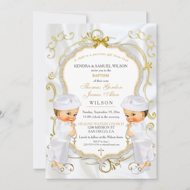 Invitación Bautizo de gemelos varones Cruz dorada blanca (Anverso)