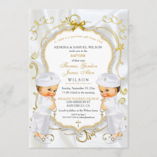 Invitación Bautizo de gemelos varones Cruz dorada blanca