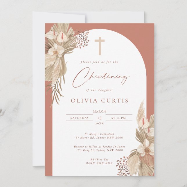 Invitación Bautizo de hierba de Pampas Arco de Terracota Boho (Anverso)