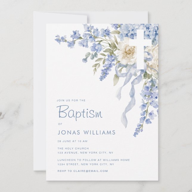 Invitación Bautizo de hortensia azul moderna (Anverso)