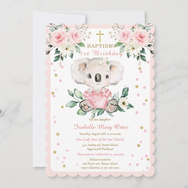 Invitación Bautizo de koala personalizado y primer cumpleaños (Anverso)