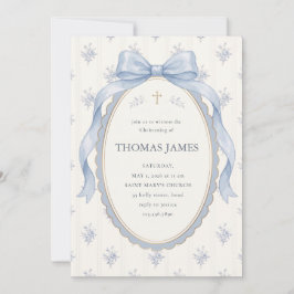 Invitación Bautizo de lazo de acuarela azul elegante Toile