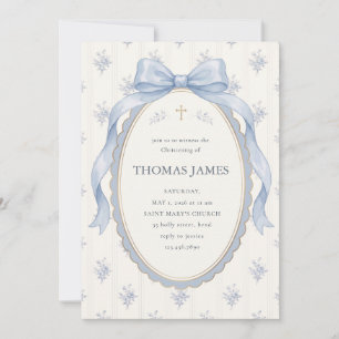 Invitación Bautizo de lazo de acuarela azul elegante Toile