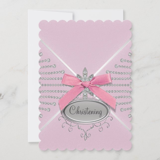 Invitación Bautizo de lazo de diamante rosa (Anverso)