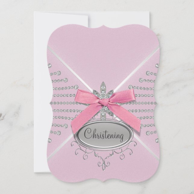 Invitación Bautizo de lazo de diamante rosa (Anverso)
