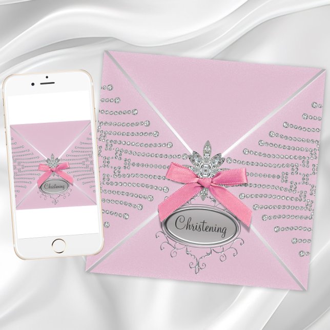 Invitación Bautizo de lazo de diamante rosa (Girl pink christening and baptism invitation. Digital download and printed invitations available.)