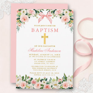 Invitación Bautizo de lazo rosa floral acuarela oro