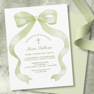 Invitación Bautizo de lazo verde elegante