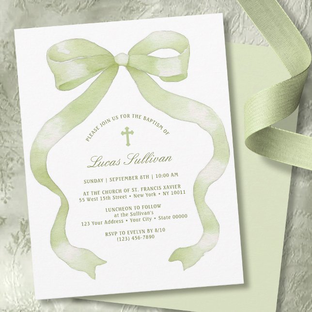 Invitación Bautizo de lazo verde elegante (Subido por el creador)