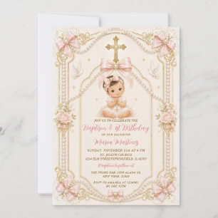 Invitación Bautizo de lujo y cumpleaños 1.º Perlas Lazo para