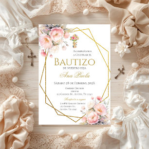 Invitación Bautizo de Moño Rosa en Español