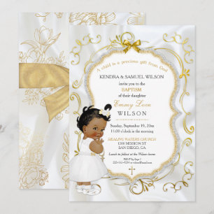Invitación Bautizo de niña afroamericana con cruz de oro