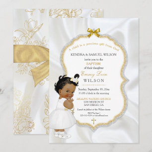 Invitación Bautizo de niña afroamericana con cruz de oro