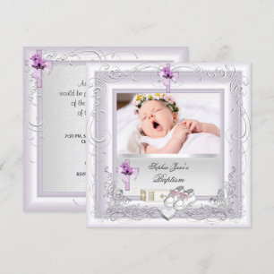 Invitación Bautizo de niña, bautismo, blanco, lila, rosa
