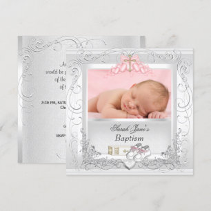 Invitación Bautizo de niña, bautismo, blanco y rosa