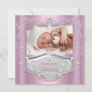 Invitación Bautizo de niña, bautismo rosa cruz de plata