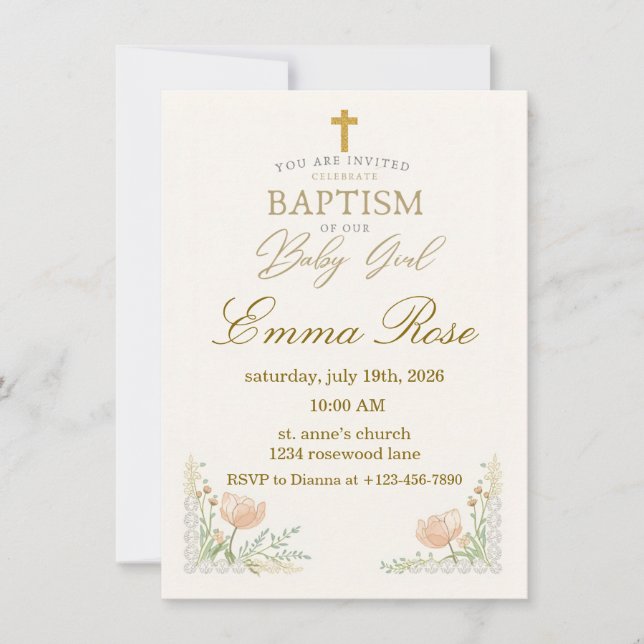 Invitación Bautizo de niña bebé personalizado y adorable  (Anverso)