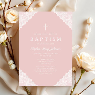 Invitación Bautizo de niña bebé rosa encaje elegante