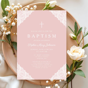 Invitación Bautizo de niña bebé rosa encaje elegante