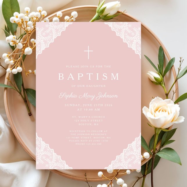 Invitación Bautizo de niña bebé rosa encaje elegante (Elegant Lace Pink Baby Girl Baptism Invitation)