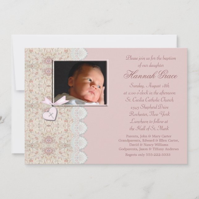 Invitación Bautizo de niña bebé rosa o confirmación (Anverso)