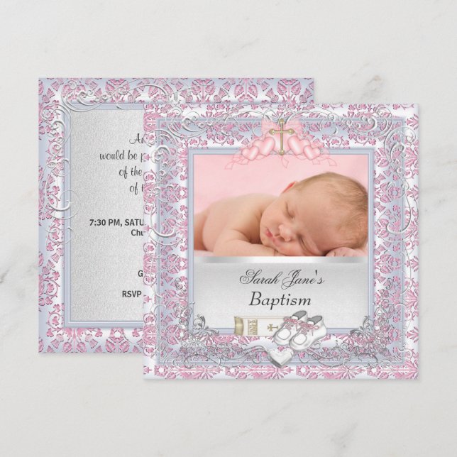 Invitación Bautizo de niña, blanco y rosa (Anverso / Reverso)