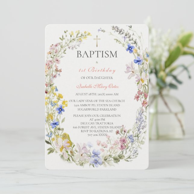 Invitación Bautizo de Niña Bohemia con Flores Silvestres (Anverso de pie)