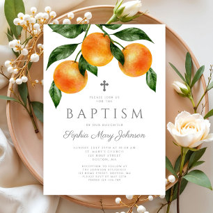 Invitación Bautizo de niña botánico de naranjas elegante