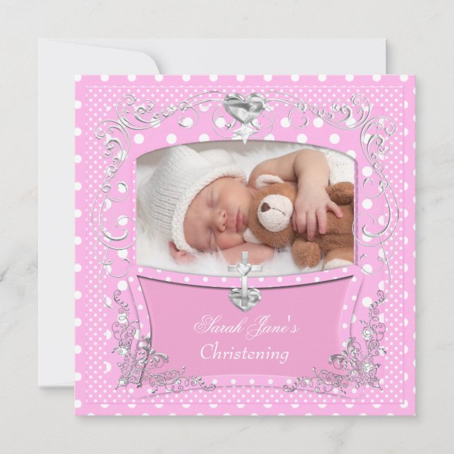 Invitación Bautizo de niña Christening Bautismo Pink lunares  (Anverso)