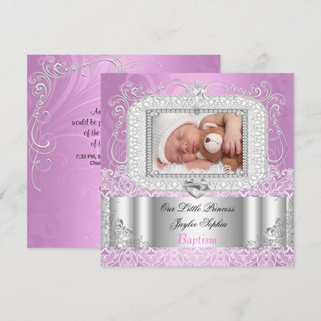 Invitación Bautizo de niña Christening Bautizo rosa morado (Anverso / Reverso)