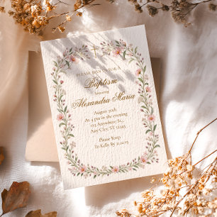 Invitación Bautizo de niña con cruz de flor silvestre rosada
