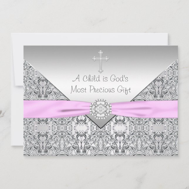 Invitación Bautizo de niña con cruz rosa (Anverso)